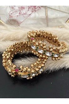 Gold Plated Kundan Polki & Green Stone Bangles (Set Of 2)