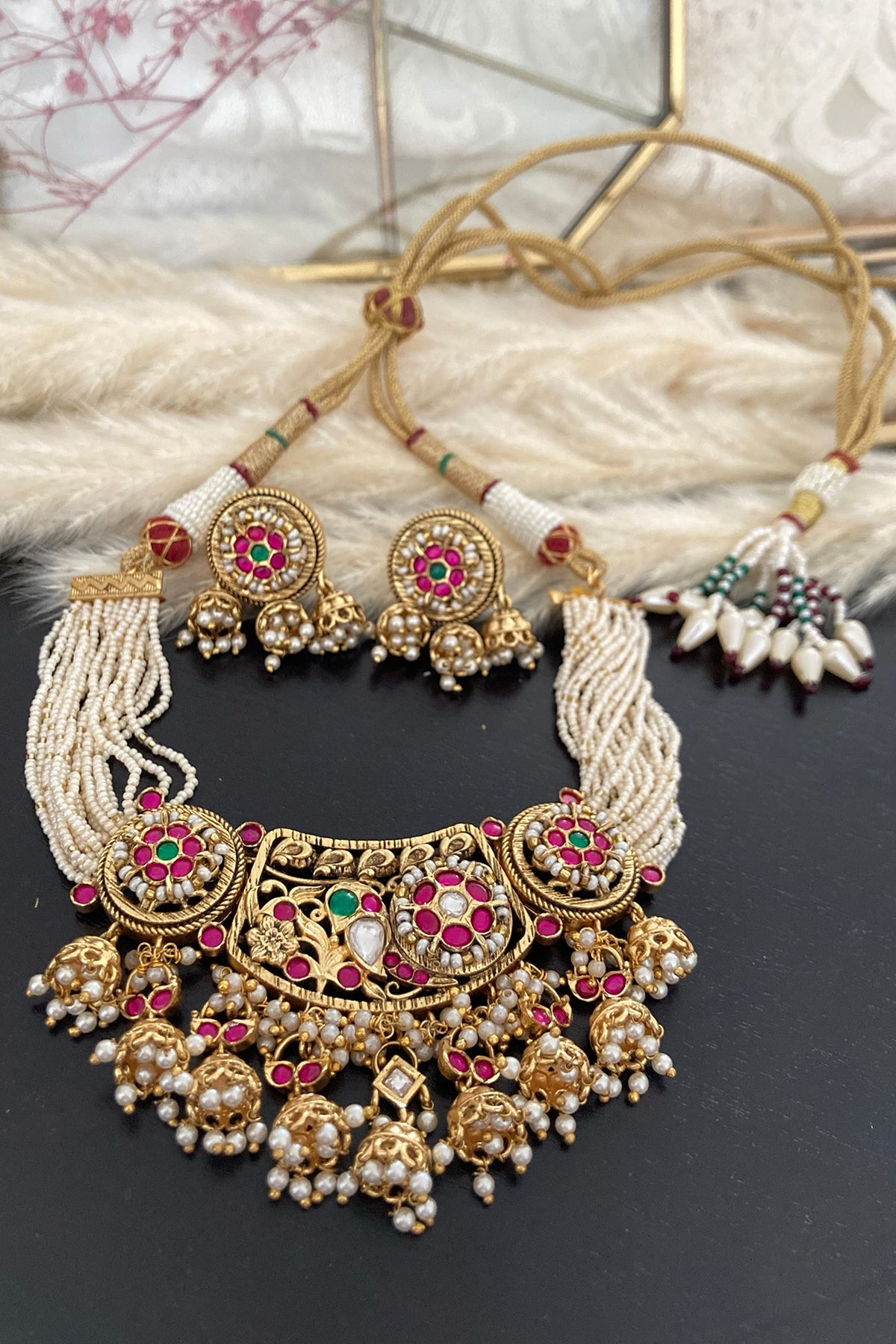 Gold Finish Kundan Polki & Ruby Temple Necklace Set