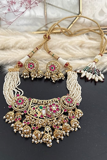 Gold Finish Kundan Polki & Ruby Temple Necklace Set