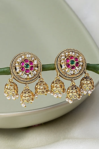 Gold Finish Kundan Polki & Ruby Temple Necklace Set