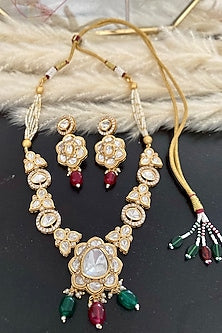 Gold Finish Kundan Polki & Multi-Colored Stone Long Necklace Set