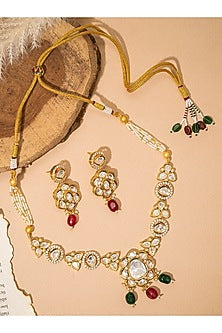 Gold Finish Kundan Polki & Multi-Colored Stone Long Necklace Set