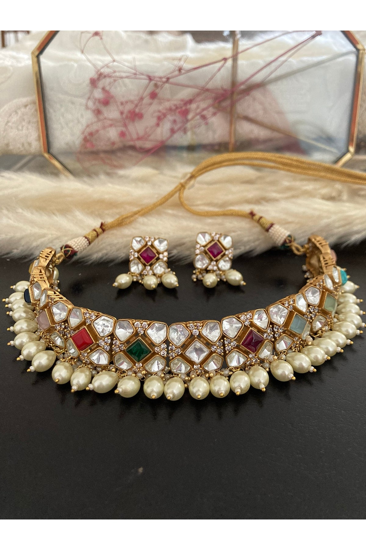 Gold Finish Kundan Polki & Navratna Stone Choker Necklace Set