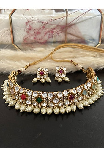 Gold Finish Kundan Polki & Navratna Stone Choker Necklace Set