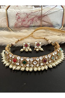 Gold Finish Kundan Polki & Navratna Stone Choker Necklace Set
