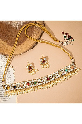Gold Finish Kundan Polki & Navratna Stone Choker Necklace Set