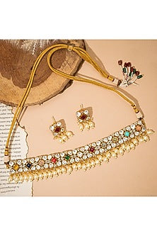 Gold Finish Kundan Polki & Navratna Stone Choker Necklace Set