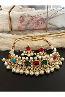 Gold Finish Kundan Polki & Navratna Stone Choker Necklace Set