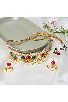 Gold Finish Kundan Polki & Navratna Stone Choker Necklace Set