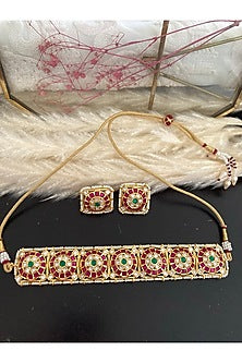 Gold Finish Kundan Polki & Ruby Stone Floral Choker Necklace Set