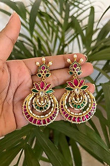 Gold Finish Kundan Polki & Multi-Colored Stone Floral Chandbali Earrings