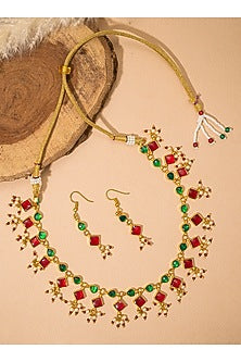 Gold Finish Red Synthetic Stone Floral Choker Necklace Set