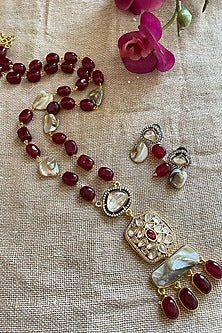 Gold Finish Deep Wine Beaded & Pearl Long Necklace Set