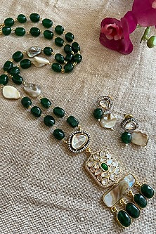 Gold Finish Emerald Beaded & Pearl Long Necklace Set