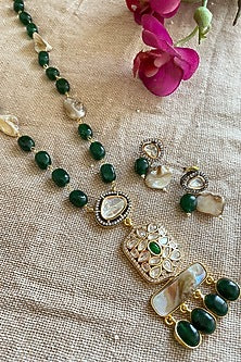 Gold Finish Emerald Beaded & Pearl Long Necklace Set