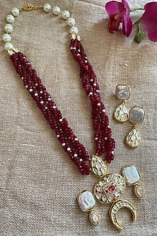 Gold Finish Red Beaded & Pearl Long Necklace Set