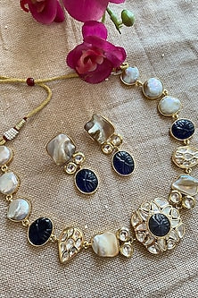 Gold Finish Deep Navy Stone & Pearl Necklace Set