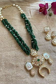 Gold Finish Green Beaded & Pearl Long Necklace Set