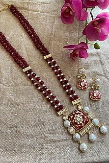 Gold Finish Maroon Beaded & Pearl Long Necklace Set