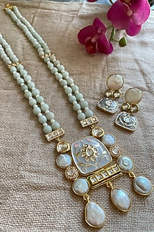 Gold Finish Seafoam Beaded & Pearl Long Necklace Set