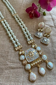 Gold Finish Seafoam Beaded & Pearl Long Necklace Set