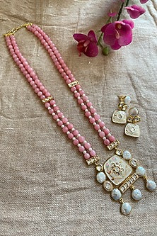 Gold Finish Soft Pink Beaded & Pearl Long Necklace Set