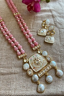 Gold Finish Soft Pink Beaded & Pearl Long Necklace Set