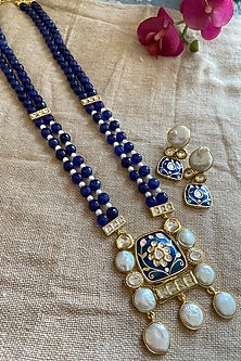 Gold Finish Deep Blue Beaded & Pearl Long Necklace Set