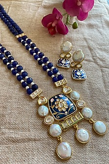 Gold Finish Deep Blue Beaded & Pearl Long Necklace Set