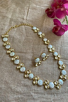 Gold Finish Pearl Long Necklace Set