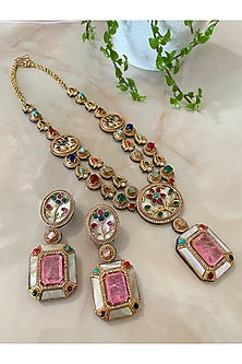 Two Tone Finish Multi-Colored Gemstone & Mother Of Pearl Long Necklace Set
