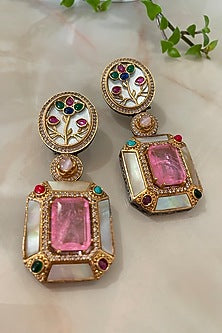 Two Tone Finish Multi-Colored Gemstone & Mother Of Pearl Long Necklace Set