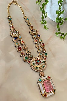 Two Tone Finish Multi-Colored Gemstone & Mother Of Pearl Long Necklace Set