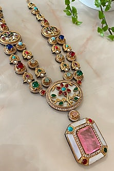 Two Tone Finish Multi-Colored Gemstone & Mother Of Pearl Long Necklace Set
