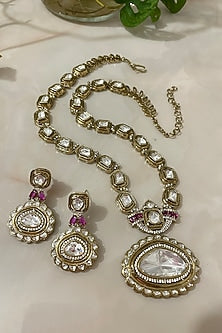 Gold Finish Kundan Polki & Fuchsia Semi-Precious Stone Long Necklace Set