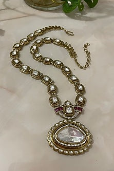 Gold Finish Kundan Polki & Fuchsia Semi-Precious Stone Long Necklace Set