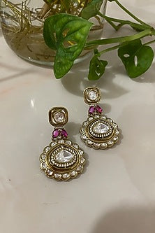 Gold Finish Kundan Polki & Fuchsia Semi-Precious Stone Long Necklace Set