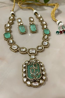 Gold Finish Kundan Polki & Emerald Stone Long Necklace Set