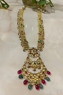 Gold Finish Kundan Polki & Multi-Colored Stone Long Necklace