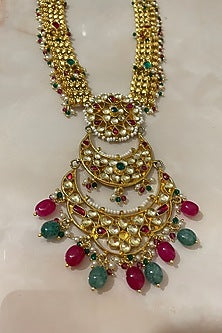 Gold Finish Kundan Polki & Multi-Colored Stone Long Necklace