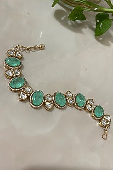 Gold Finish Kundan Polki & Sea-Green Stone Bracelet