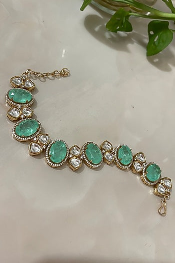 Gold Finish Kundan Polki & Sea-Green Stone Bracelet