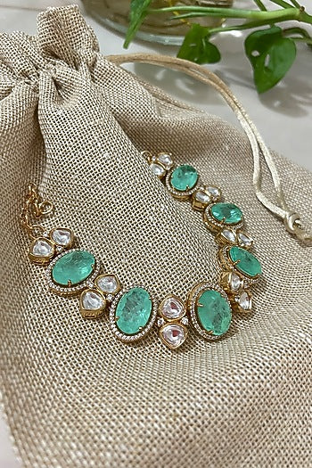 Gold Finish Kundan Polki & Sea-Green Stone Bracelet