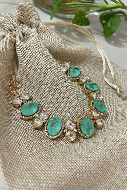Gold Finish Kundan Polki & Sea-Green Stone Bracelet