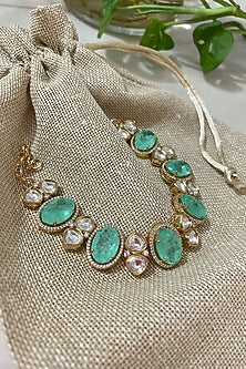 Gold Finish Kundan Polki & Sea-Green Stone Bracelet