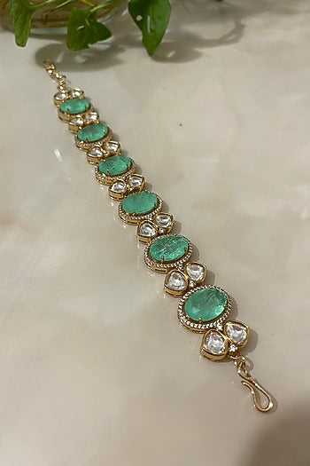 Gold Finish Kundan Polki & Sea-Green Stone Bracelet