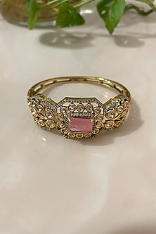 Gold Finish Pink Quartz Stone & Kundan Polki Cuff Bracelet