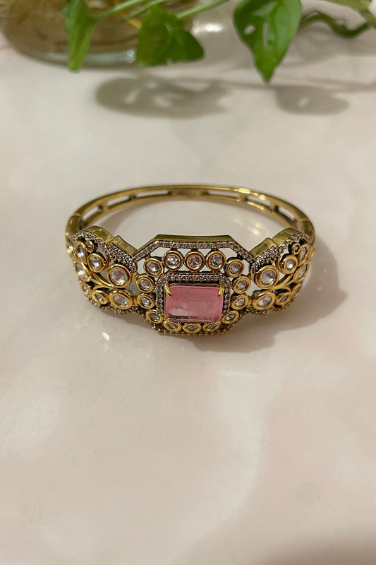 Gold Finish Pink Quartz Stone & Kundan Polki Cuff Bracelet