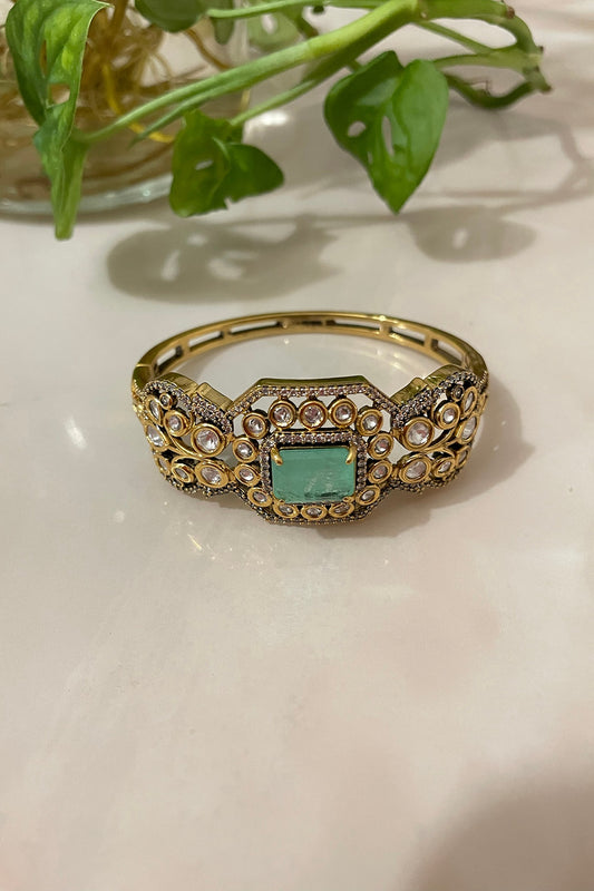 Gold Finish Sea Green Stone & Kundan Polki Filigree Cuff Bracelet