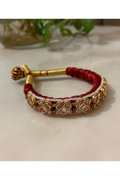Gold Finish Kundan Polki & Pearl Filigree Bracelet